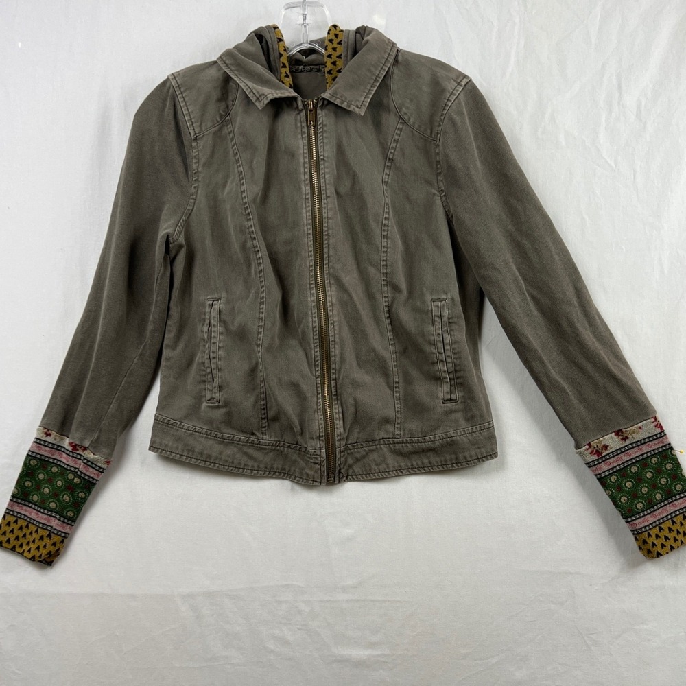 Others Follow Hooded Utility Jacket Womens Medium Olive Green Boho Embroidered